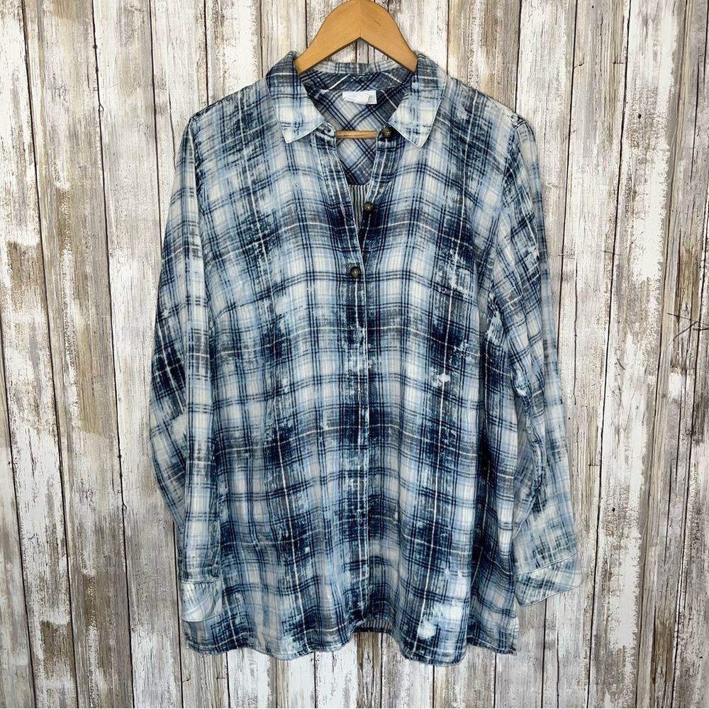 J. Jill Blue Dye Plaid Button Down Stone Wash Blue Women’s Medium